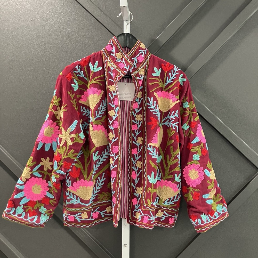 Heart of Grace NWT Embroidered Floral Folk Art Boho Jacket Burgundy Womens M